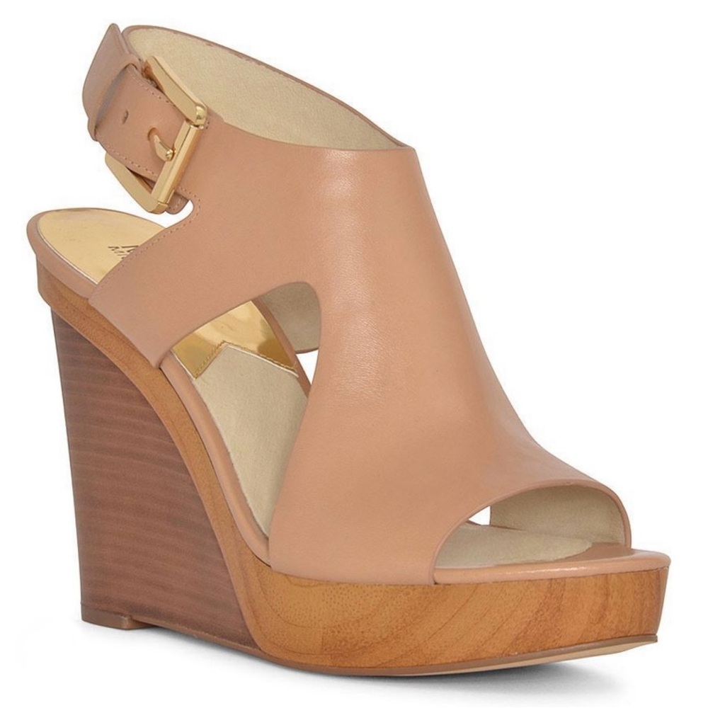 Michael Kors US Size 7 Nude Josephine Vachetta Cut-Out Wedge Sandals